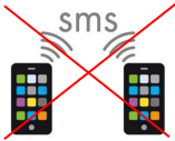 durchgestrichene Zeichnung: 2 Handys, darüber Halbkreise ("senden") und die Buchsteben SMS
