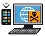 Zeichnung: Ein Handy, Ein Computer. Auf dem Bildschirm ist das Zeichen für "Gefahr" zu sehen