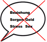 Durchgestrichene Sprechblase mit den Wörtern Beziuehung, Sorgen, Geld, Stress, Sex