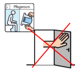 Umrisszeichnung: Eine Person auf einer Toilette, daneben zwei Hände, die eine Schutzhose ("Windel") halten. Daneben ein durchgestrichenes Bild: Eine Hand öffnet eine Tür